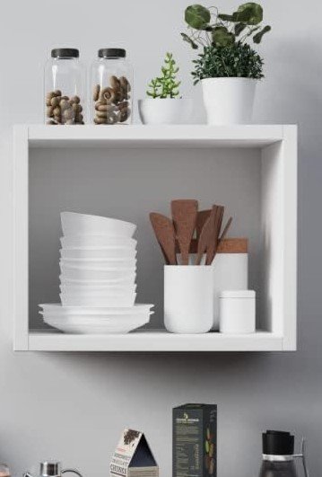 cube shelf mounted on wall in kitchen